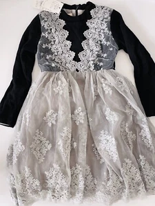 Girls Children Princess Black Grey Warm Fleece Tutu Embroidery Lace Dress - Picture 1 of 11