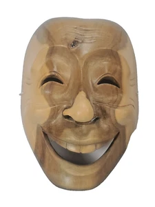 Holz Wandmaske lachend lächelnd glücklicher Mann Kopf handgeschnitzt Skulptur 7,5 x 5,5 - Bild 1 von 9
