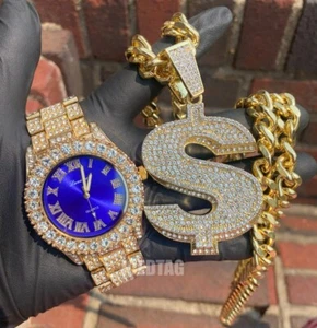 Orologio Uomo Pieno Ghiaccio Bling Finitura Oro Simulato Diamante 30" Ciondolo Dollaro Catena - Foto 1 di 10