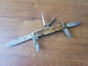 VTG RARE WW2 WWII ERA FRENCH HORN CAMPING BOY SCOUT MULTI TOOL POCKET KNIFE