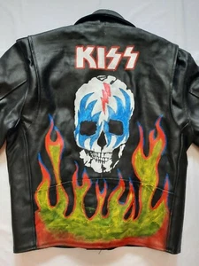 KISS Mens Leather Jacket Size 44, Hand Painted Studded Motorcycle Rock Metal . - Picture 1 of 11