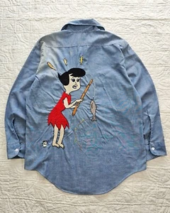 Vintage 1970s Hand Embroidered Betty Rubble The Flintstones Chambray Shirt M - Picture 1 of 8