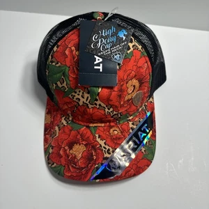 Ariat Women's Red/Black Floral Cheetah Print Mesh Snapback High Pony Cap OS NWT - Picture 1 of 8