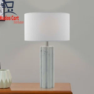 Modern Marble Effect Table Lamp White Linen Shade Night Light Chrome Bedside New - Picture 1 of 12