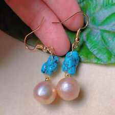 Natural pink freshwater baroque pearl Blue Turquoise gold earrings Gift Lucky