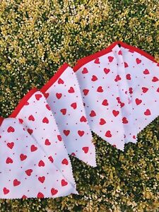 HANDMADE FABRIC RED AND WHITE HEARTS 10 DOUBLE FACED FLAGS (7.5inX6in)