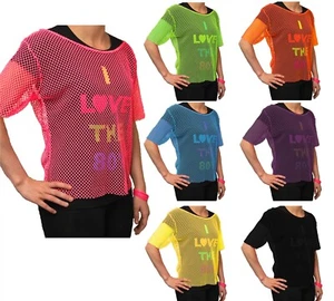 LADIES FANCY DRESS NEON MESH TOP 80S STYLE FISHNET TSHIRT PARTY ACCESSORY DISCO  - Picture 1 of 17