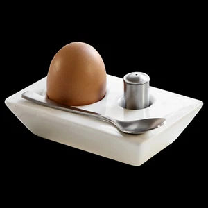 Eierbecher SET PORZELLAN mit Salzstreuer + Löffel aus EDELSTAHL weiß - Bild 1 von 2