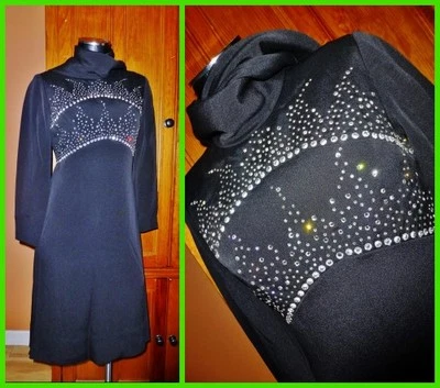 Vtg 1960s PAT SANDLER Rhinestones jersey Knit Evening cocktail Black DRESS Shawl - Image 1 of 4