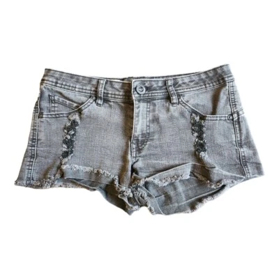 Volcom High Voltage Destroyed Denim Short Shorts. Black, Juniors Size 7 Distress - Image 1 of 4