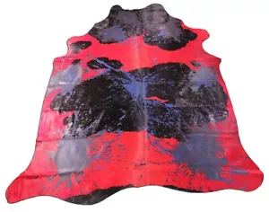 Black & White Dyed Red Cowhide Rug with Acid Washed Blue Spots 7.5x6.7' C-1581 - Picture 1 of 7