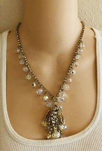 Vintage Gold Tone Rhinestone & AB Crystal Beads Tassel Pendant Necklace - Picture 1 of 10