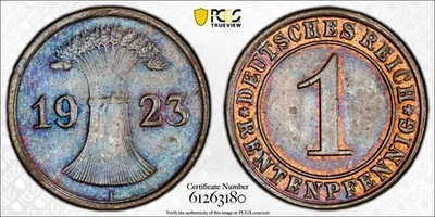 1923-F Germany 1 Pfennig PCGS MS64BN Lot#G1260 Key Date! Top Graded! J-306 - Image 1 of 4