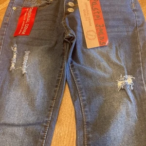 NWT Pastel Juniors' Blue Denim Button Fly Jeans Size 5/27 Fringe Waist & Cuffs - Picture 1 of 15