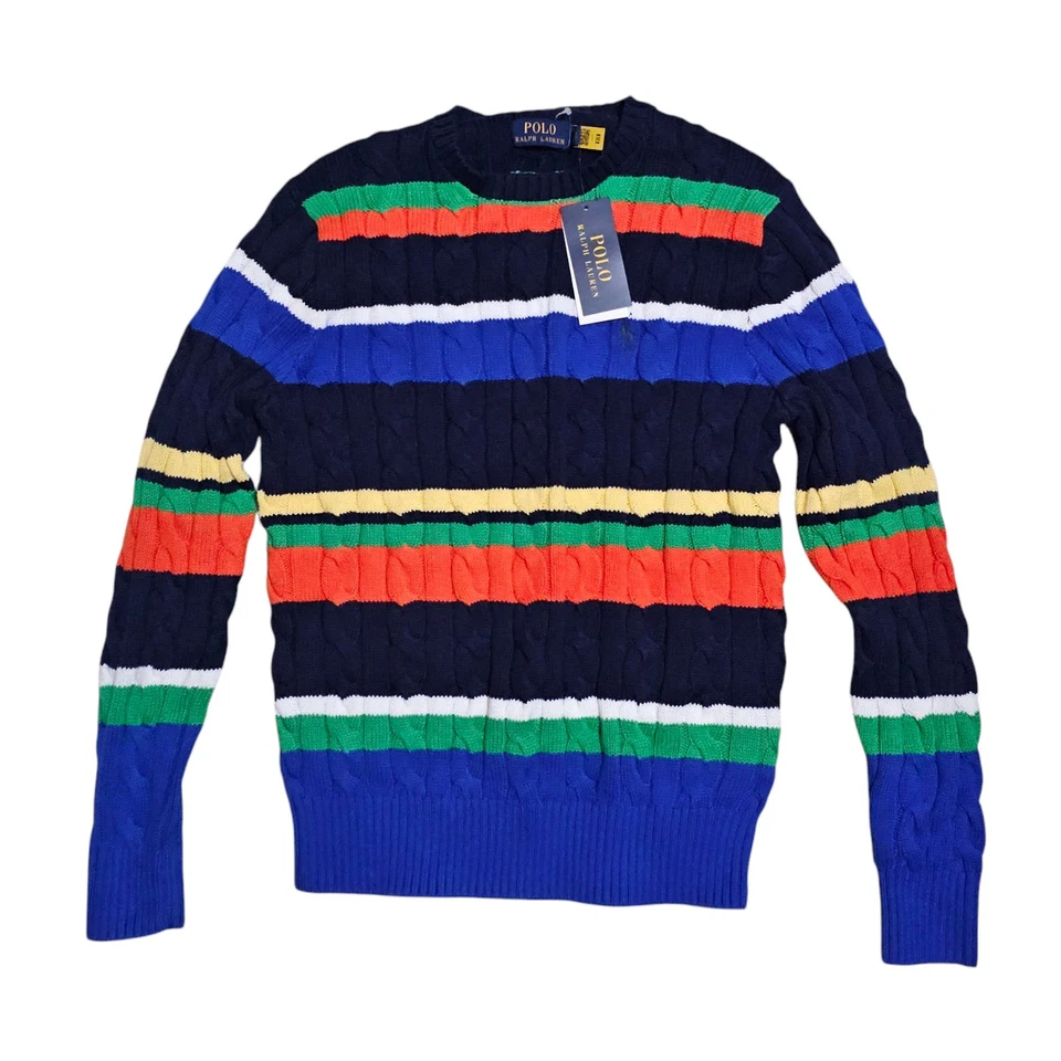 Ralph Lauren Polo Men’s Multi Color Striped Cable Knit Cotton Sweater Sz XS
