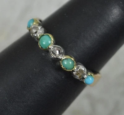 Victorian 9ct Rose Gold Turquoise and Rose cut Diamond Half Eternity Stack Ring - Image 1 of 4