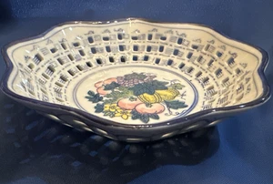 Vintage Kobaltblau & Weiß & Bunt Obstschale Netz Korbgeflecht 8" China - Bild 1 von 7