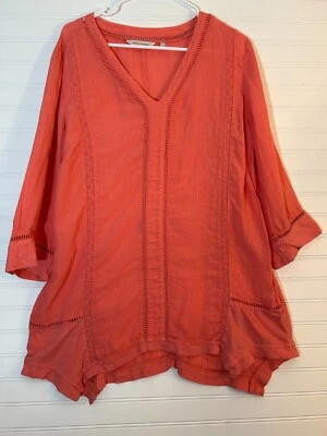 Top túnica suave envolvente para mujer XL Leonie coral 100 % lino dobladillo asimétrico Foto 1 de 4