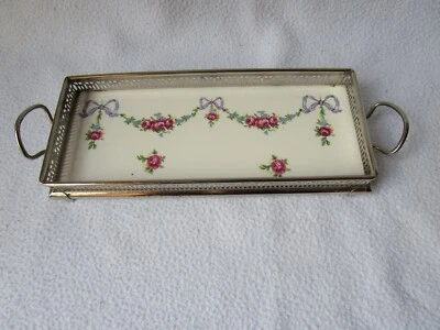 50er Jahre altes Keramik Tablett m. Metallmontur Rosen Dekor Girlande rechteckig - Bild 1 von 4