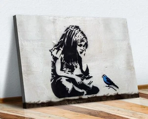 GIRL BLUE BIRD FRAMED CANVAS WALL ART PRINT ARTWORK GRAFFITI BANKSY STYLE - Picture 1 of 6