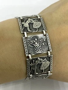 Vintage Sterling Silver Romantic Panel Link Bracelet 7.1/4 x 0.7/8” 30.81g - Picture 1 of 12