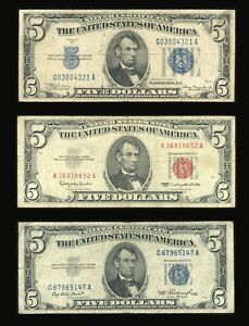 Set of 3 $5 Dollar Bills 1934 1953 and 1963 Us Notes and Silver Certificates