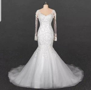 UK White Ivory Beaded Lace Long Sleeve Mermaid Corset Wedding Dresses Size 6-18 - Picture 1 of 3
