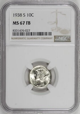 1938-S Mercury Dime 10c NGC MS67 FB Full Bands, Choice Gem [BN027] - Image 1 of 4