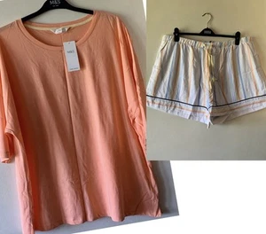 M&S Pyjamas 100% Cotton Size 20 Short Sleeve Top & Shorts Pyjama Set Peach/White - Picture 1 of 5