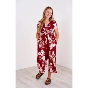 Latched Mama Red Floral Wrap V Neck Short Sleeve Wide Leg Jumpsuit 2XL - Picture 1 of 6