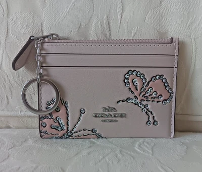 NUEVO CON ETIQUETAS COACH CCM78 Mini Estuche de Identificación Ajustado con Estampado de Mariposa Cuero Liso Concha Marina Foto 1 de 4