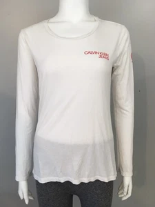 Womens Calvin Klein Top Long Sleeve Red White T Shirt Small Logo Jeans - Picture 1 of 5