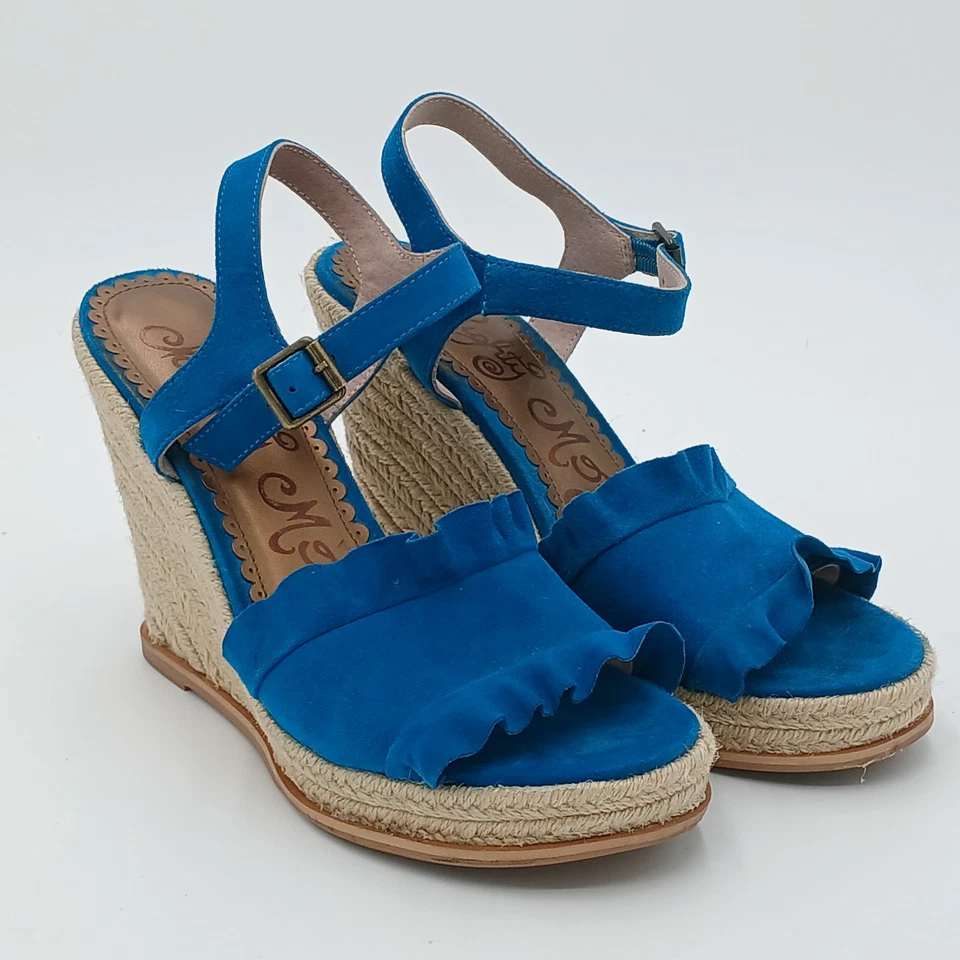 Naughty Monkey Love Leather Wedge Sandal Teal Suede Ruffle Jute Platform Sz 9.5 - Image 1 of 4
