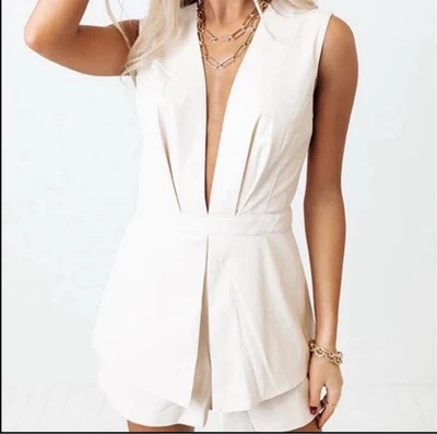 Mameluco DO+BE para mujer talla grande crema imitación cuero elástico profundo cuello en V espalda abierta Foto 1 de 4