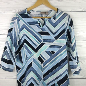 Chicos Top Damen klein blau 3/4-Ärmel geometrisches Muster V-Ausschnitt Baumwolle Shirt neu ohne Etikett - Bild 1 von 14