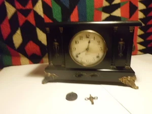 Antique Sessions 8 Day Mantel Clock 4 Green Pillars Key Works - Picture 1 of 14