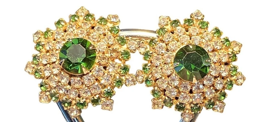 Brincos de strass vintage Hobe verde esmeralda tom dourado clipe de rolo Starburst - Imagem 1 de 4