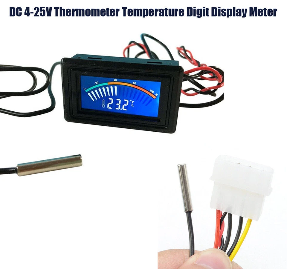 Medidor de pantalla de dígitos de temperatura impermeable DC 4-25V para sonda termómetro de coche Foto 1 de 4