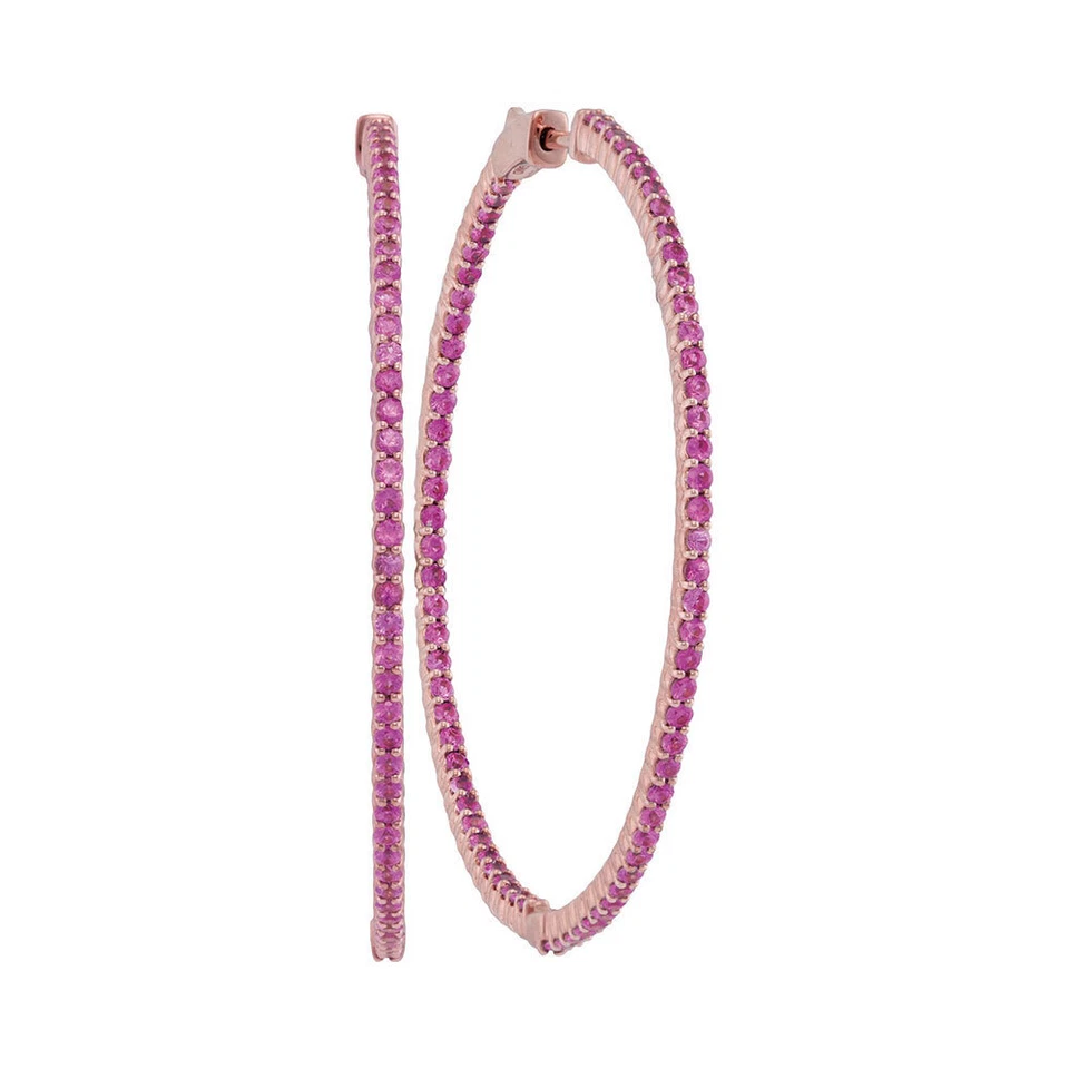 14k Rose Gold Womens Round Natural Pink Sapphire Slender Hoop Earrings 3-1/2 ctw - Image 1 of 1