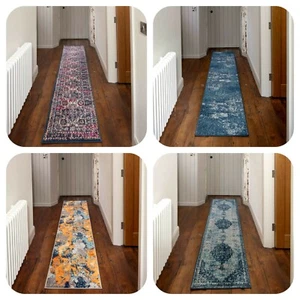 Traditional Hallway Runner Rugs Moroccan Navy Gold Distressed Vintage Carpet Mat - Picture 1 of 16