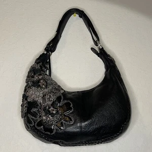 BRIGHTON FABIOLA BLACK 3D  MASTERPIECE FLORAL LEATHER APPLIQUE SHOULDER BAG - Picture 1 of 19