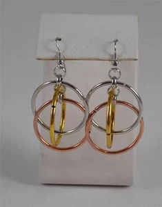 Silver Gold Copper Tone Circle Ring Earrings Artisan French Hook - Imagen 1 de 1