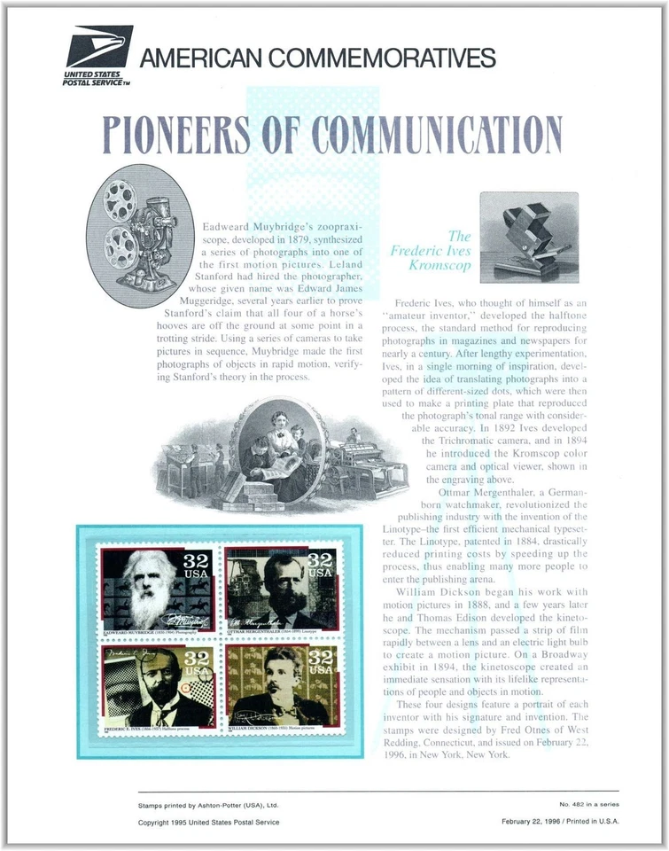 1996 Communication Pioneers CP485 USPS 482 commemorative panel MNH 3064a blk - Image 1 of 1