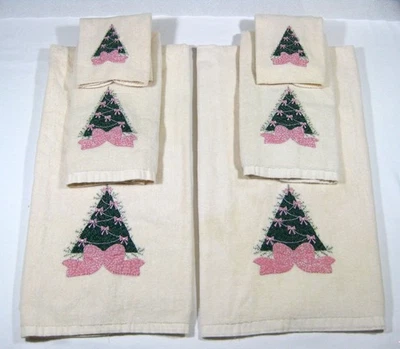 6-Piece Embroidered Christmas Tree Towel Set w/pink bows Bath Hand Washcloth - Image 1 of 4