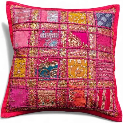 Handmade Indian Patchwork Decorative Cushion Cover - 16"x16" Boho Throw Pillow - Image 1 of 4