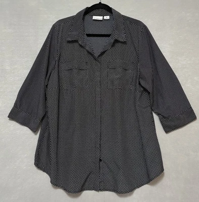 Liz Claiborne Blouse Black White Polka Dots 3/4 Sleeve Button Collar Cuffs SZ 2X - Image 1 of 4