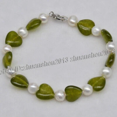 Collar pulsera pendientes perlas blancas gemas corazón peridoto verde natural de 12 mm 18" Foto 1 de 4