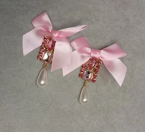 Large Rhinestone Earrings Pink Satin Bow Pierced Faux Pearl Romantic Wedding - Picture 1 of 8