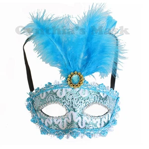 Turquoise Venetian Masquerade Mask w/Feathers Party Prom Mardi Gras Halloween - Picture 1 of 1