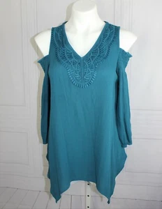 Womens New KNOX ROSE Green Embroidered Lace Cold Shoulder Boho blouse top XS - Picture 1 of 5